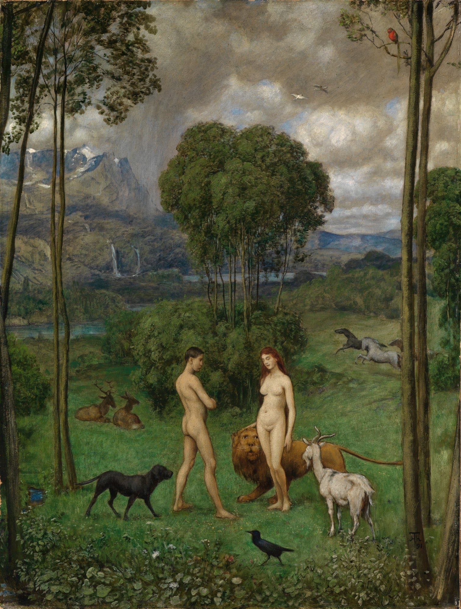 Quadro decorativo Adão e Eva no Paraíso de Hans Thoma. A pintura mostra Adão e Eva nus em um jardim exuberante com animais como um leão, cervos, um cão e um bode. Montanhas com cachoeiras ao fundo sob um céu nublado.