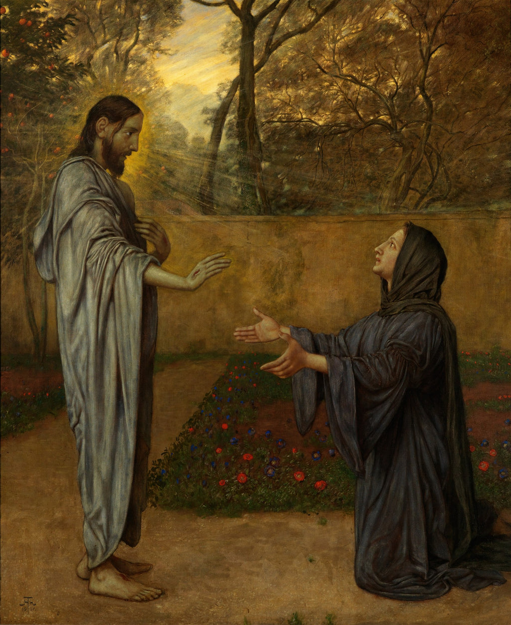 Pintura de Hans Thoma, 'Noli Me Tangere', retratando Jesus Cristo com uma luz dourada ao seu redor, em pé, e Maria Madalena ajoelhada diante dele em um jardim, com as mãos estendidas. Jesus tem uma ferida na mão e nos pés, vestindo túnicas claras, enquanto Madalena usa vestes escuras. O fundo mostra árvores e um céu alaranjado.