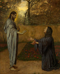 Pintura de Hans Thoma, 'Noli Me Tangere', retratando Jesus Cristo com uma luz dourada ao seu redor, em pé, e Maria Madalena ajoelhada diante dele em um jardim, com as mãos estendidas. Jesus tem uma ferida na mão e nos pés, vestindo túnicas claras, enquanto Madalena usa vestes escuras. O fundo mostra árvores e um céu alaranjado.