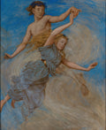 Quadro decorativo com a obra 'Das Paar' de Hans Thoma, mostrando um casal jovem, um homem e uma mulher, flutuando em um céu azul. O homem tem uma coroa de flores azuis e segura a mão da mulher, que veste um vestido azul esvoaçante. Ambos têm cabelos loiros e expressões serenas, envoltos em nuvens suaves.