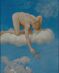 Pintura de Hans Thoma, 'A Oferta de Rosa', mostrando um jovem nu ajoelhado em uma nuvem, oferecendo uma rosa rosa ao céu azul com nuvens brancas.