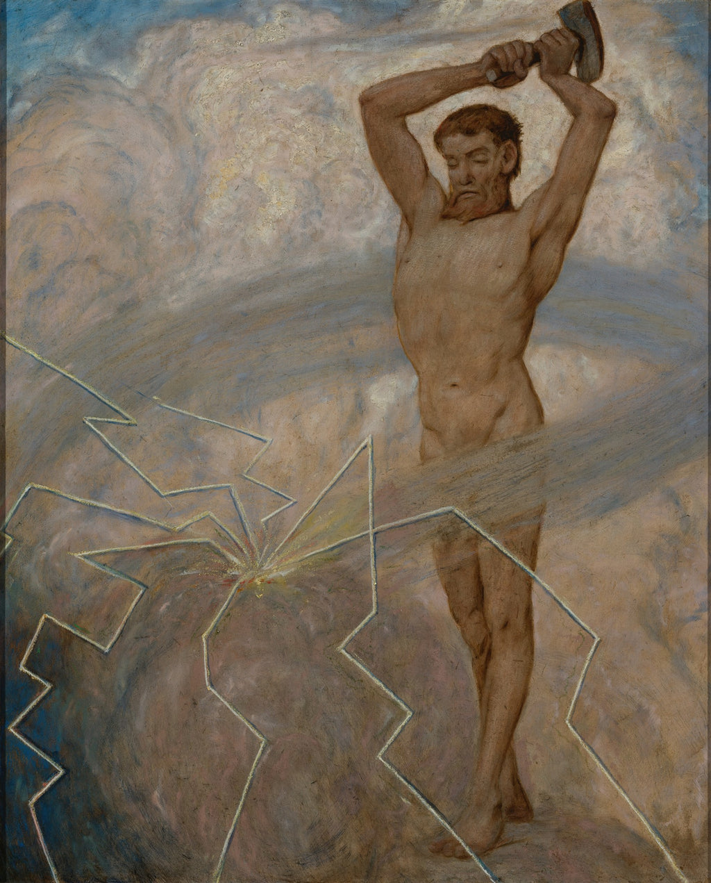 Quadro decorativo "O Martelo de Thor" de Hans Thoma, representando um homem nu e musculoso, Thor, erguendo um martelo acima da cabeça, com raios e uma rachadura luminosa em primeiro plano.