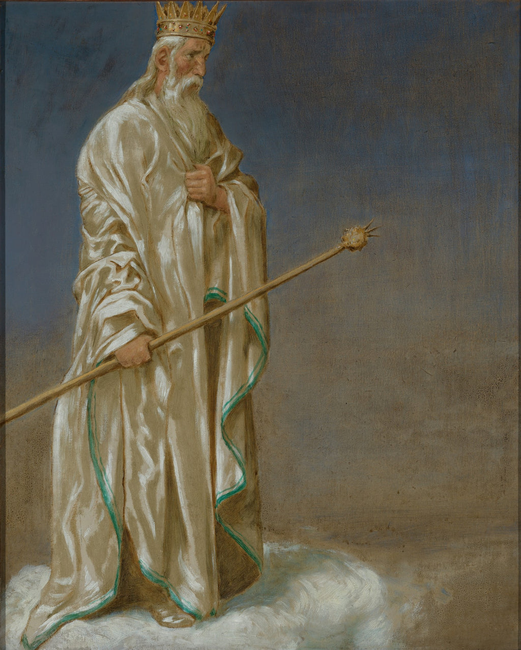 Quadro decorativo 'O Pai Eterno' de Hans Thoma, representando uma figura masculina idosa com barba branca e coroa dourada, vestindo um manto branco esvoaçante com detalhes em verde, segurando um cetro e flutuando sobre nuvens brancas, contra um fundo azul acinzentado.