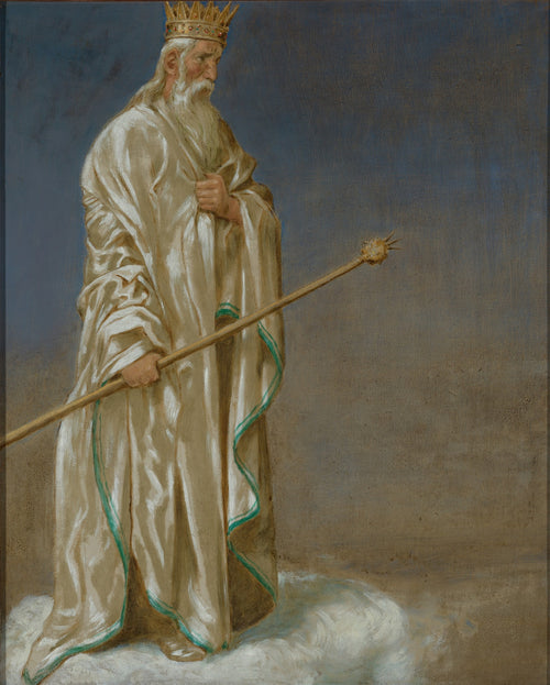 Quadro decorativo 'O Pai Eterno' de Hans Thoma, representando uma figura masculina idosa com barba branca e coroa dourada, vestindo um manto branco esvoaçante com detalhes em verde, segurando um cetro e flutuando sobre nuvens brancas, contra um fundo azul acinzentado.
