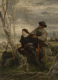 Quadro decorativo mostrando Hamlet, de Shakespeare, e seu amigo Horácio em uma paisagem dramática com céu nublado e árvores esguias. Hamlet está sentado, olhando para o lado com uma expressão pensativa, enquanto Horácio está de pé, com a mão em seu ombro, oferecendo consolo. Ao fundo, um castelo e um corpo d'água.