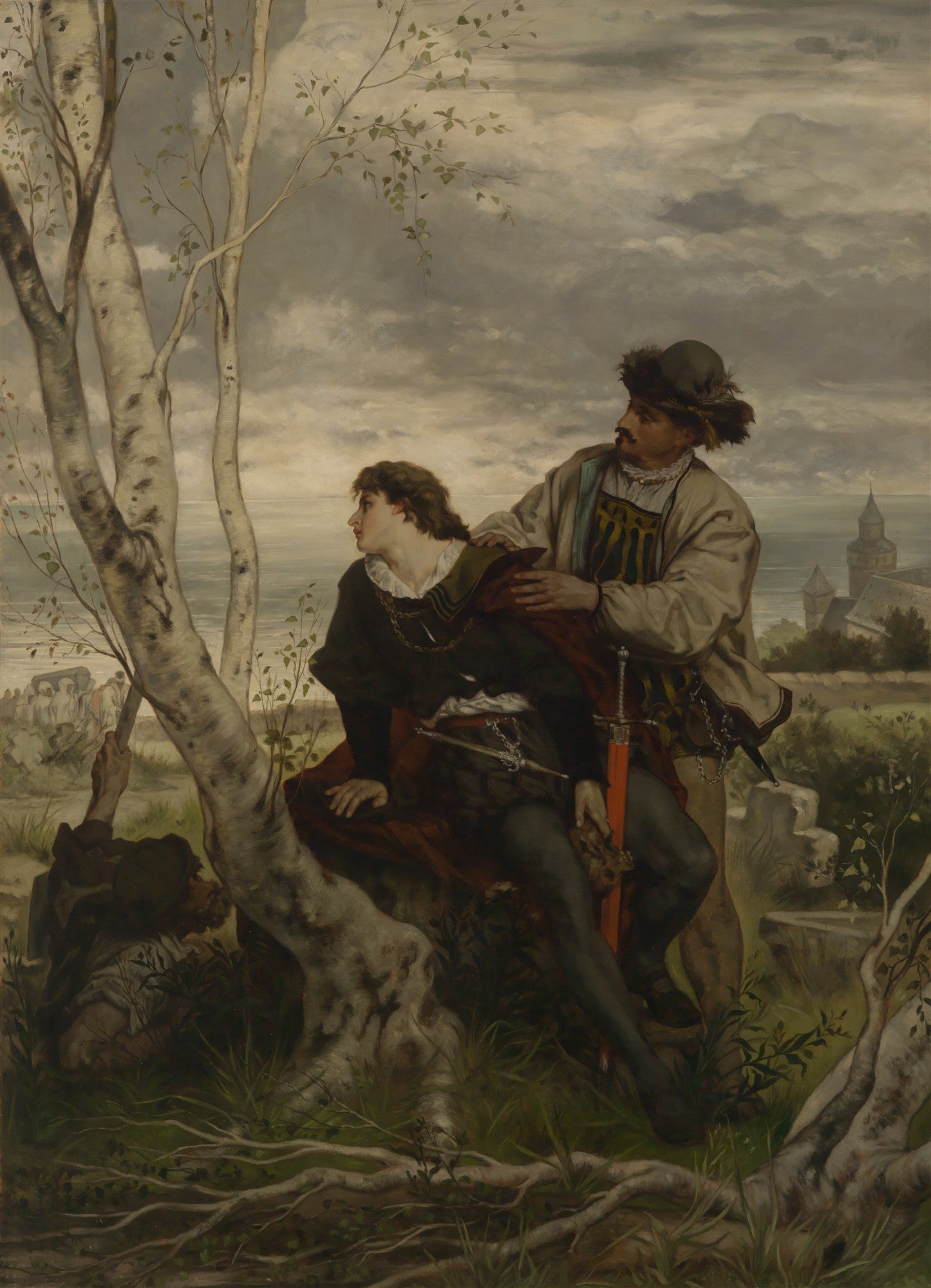 Quadro decorativo mostrando Hamlet, de Shakespeare, e seu amigo Horácio em uma paisagem dramática com céu nublado e árvores esguias. Hamlet está sentado, olhando para o lado com uma expressão pensativa, enquanto Horácio está de pé, com a mão em seu ombro, oferecendo consolo. Ao fundo, um castelo e um corpo d'água.