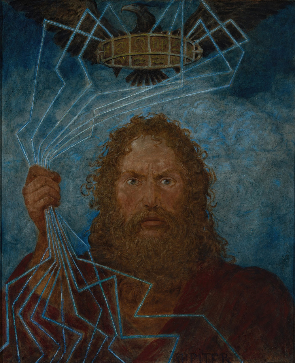 Quadro decorativo do deus Júpiter com barba, segurando raios, com uma águia e coroa ao fundo, obra de Hans Thoma.
