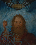 Quadro decorativo do deus Júpiter com barba, segurando raios, com uma águia e coroa ao fundo, obra de Hans Thoma.