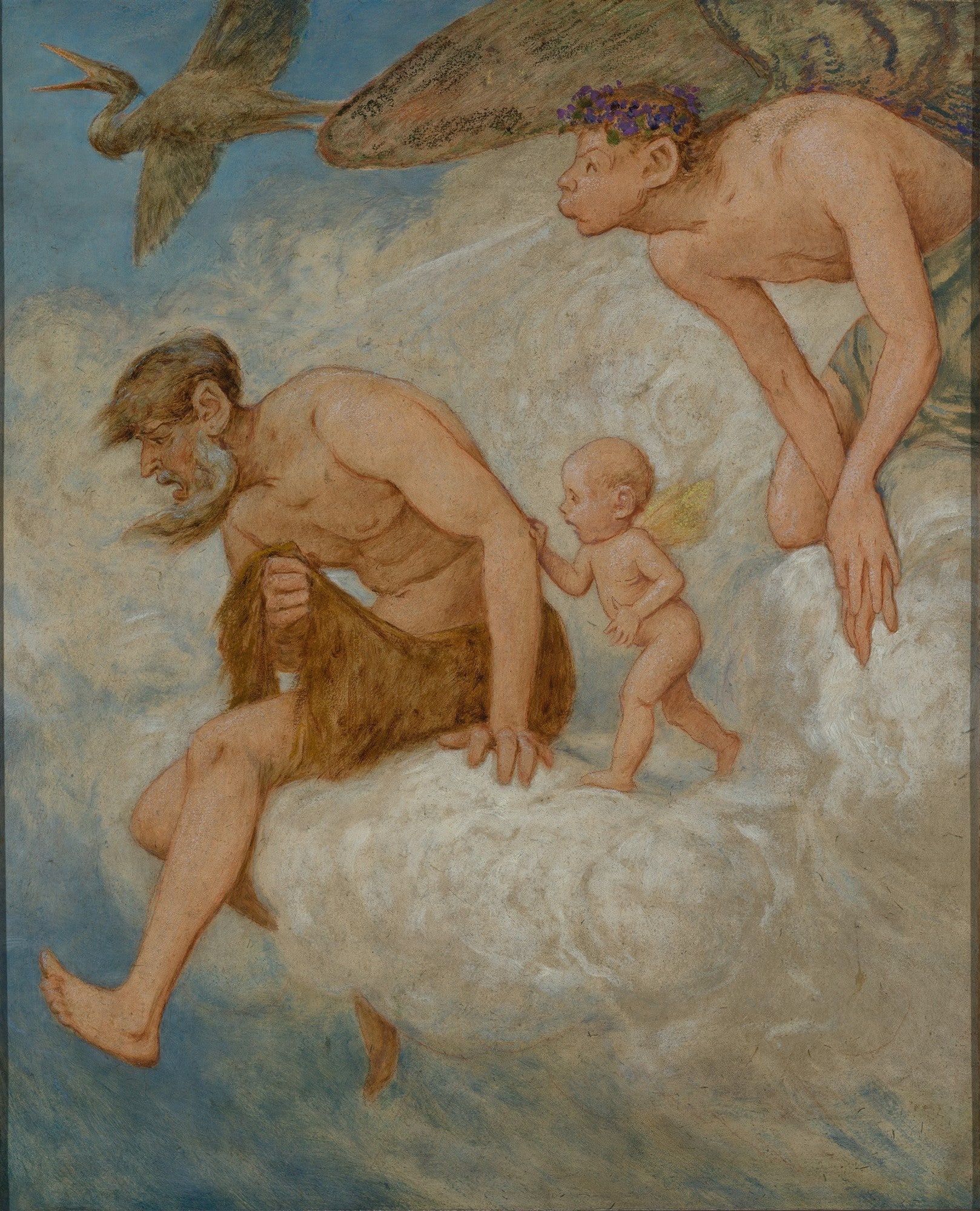 Quadro com pintura de Hans Thoma, mostrando um sátiro barbudo sentado em uma nuvem, um querubim ao seu lado e uma figura alada que sopra ao fundo, com um pássaro voando no céu azul.