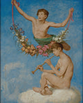 Quadro decorativo com dois jovens nus, um flutuando com uma guirlanda de flores e o outro sentado em uma nuvem tocando flauta, sobre um céu azul com nuvens brancas, de Hans Thoma.