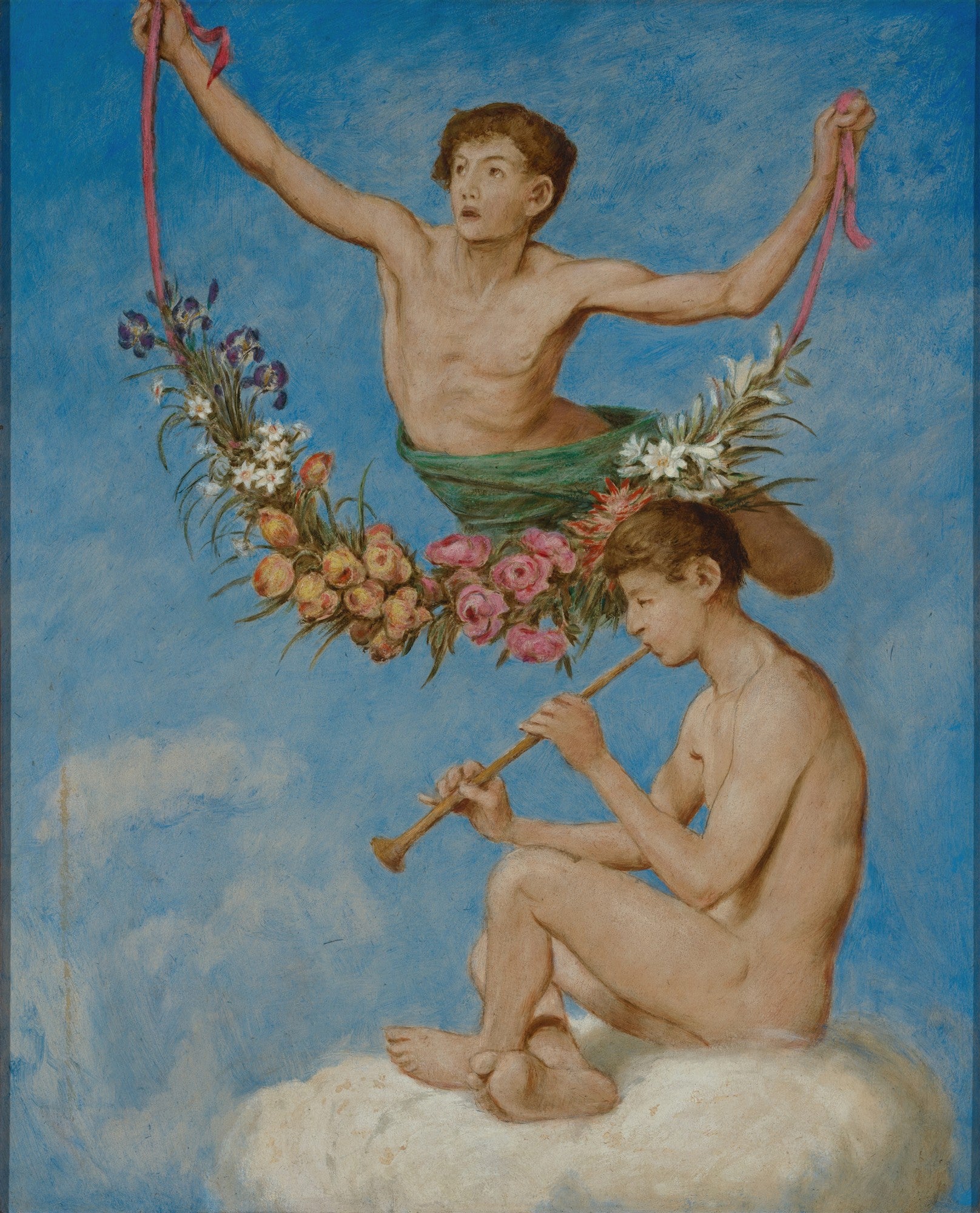 Quadro decorativo com dois jovens nus, um flutuando com uma guirlanda de flores e o outro sentado em uma nuvem tocando flauta, sobre um céu azul com nuvens brancas, de Hans Thoma.