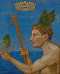 Quadro decorativo com a figura mitológica de Mercúrio, com chapéu alado, caduceu e coroa, sobre um fundo azul marinho, com veleiros distantes no horizonte.