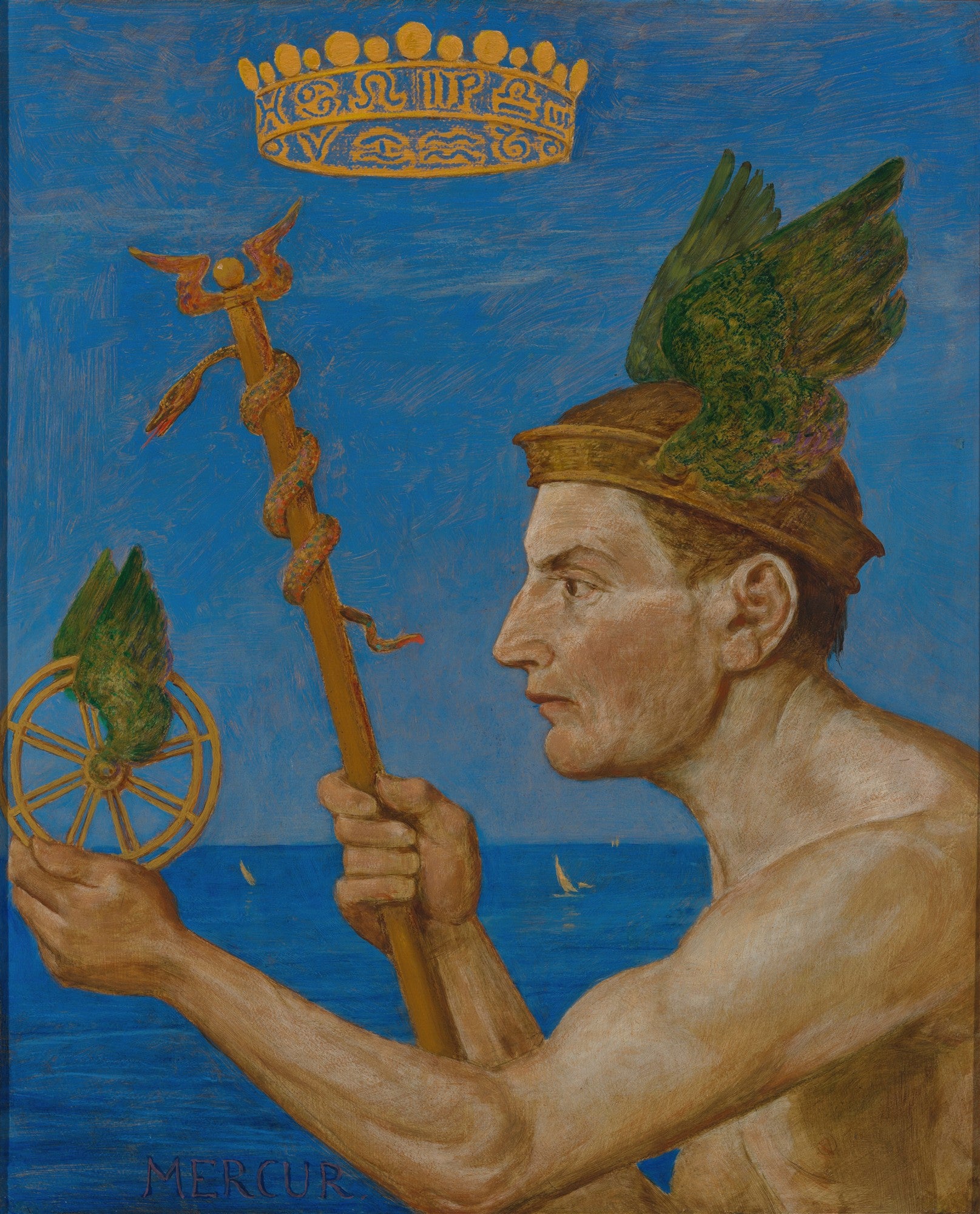 Quadro decorativo com a figura mitológica de Mercúrio, com chapéu alado, caduceu e coroa, sobre um fundo azul marinho, com veleiros distantes no horizonte.