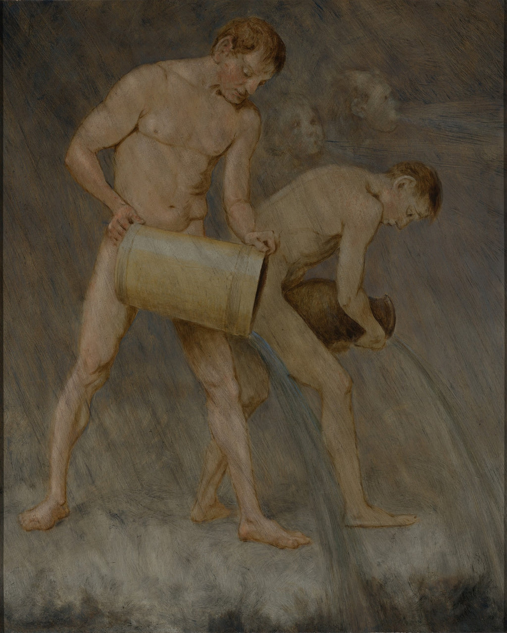 Dois homens nus interagindo com potes de água, um derramando e outro segurando, com figuras etéreas de rostos no fundo em tons terrosos e azulados. Obra de Hans Thoma.