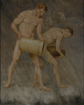 Dois homens nus interagindo com potes de água, um derramando e outro segurando, com figuras etéreas de rostos no fundo em tons terrosos e azulados. Obra de Hans Thoma.