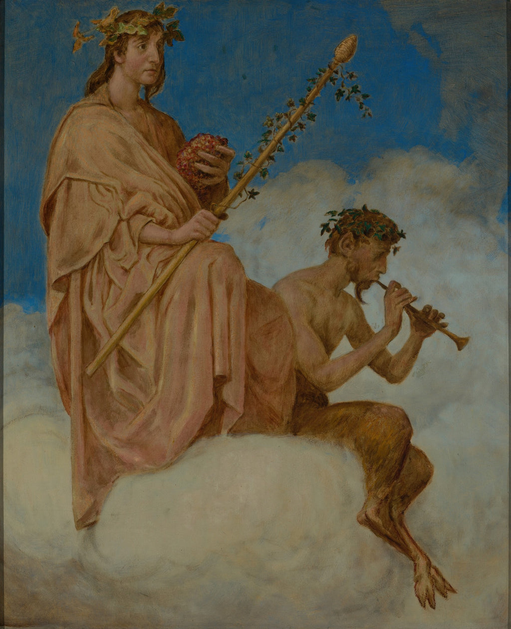 Quadro decorativo "Baco e Sátiro" de Hans Thoma, representando Baco com um cajado e uvas, e um sátiro tocando flauta, ambos sobre nuvens no céu azul.