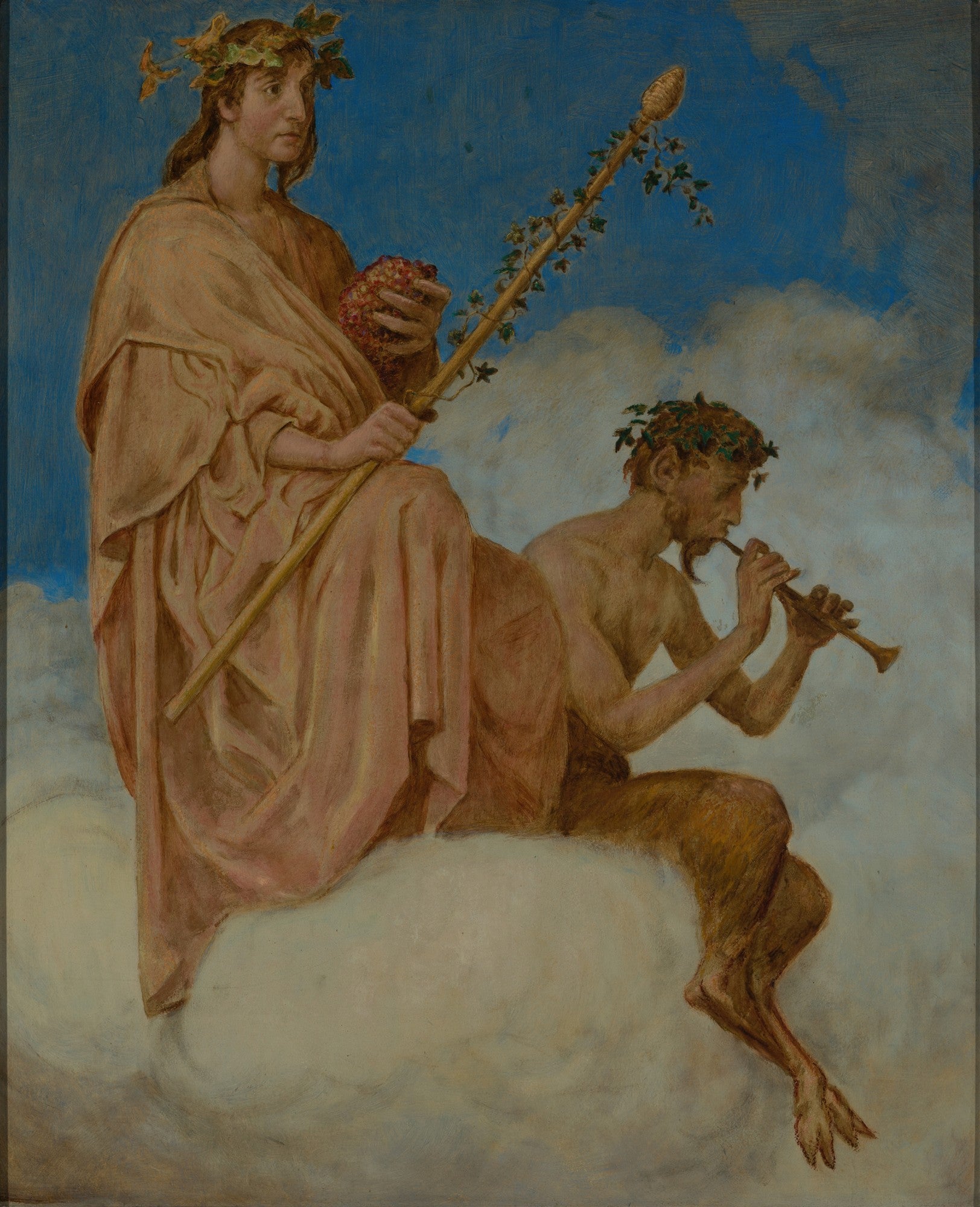 Quadro decorativo "Baco e Sátiro" de Hans Thoma, representando Baco com um cajado e uvas, e um sátiro tocando flauta, ambos sobre nuvens no céu azul.