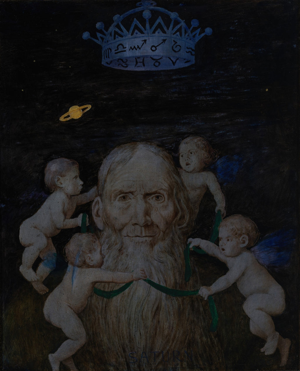 Pintura 'Saturno' de Hans Thoma, com uma figura barbuda no centro, rodeada por querubins, sob uma coroa com símbolos astrológicos e o planeta Saturno no céu estrelado.