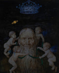 Pintura 'Saturno' de Hans Thoma, com uma figura barbuda no centro, rodeada por querubins, sob uma coroa com símbolos astrológicos e o planeta Saturno no céu estrelado.