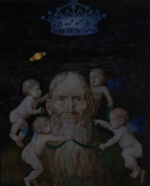 Pintura 'Saturno' de Hans Thoma, com uma figura barbuda no centro, rodeada por querubins, sob uma coroa com símbolos astrológicos e o planeta Saturno no céu estrelado.