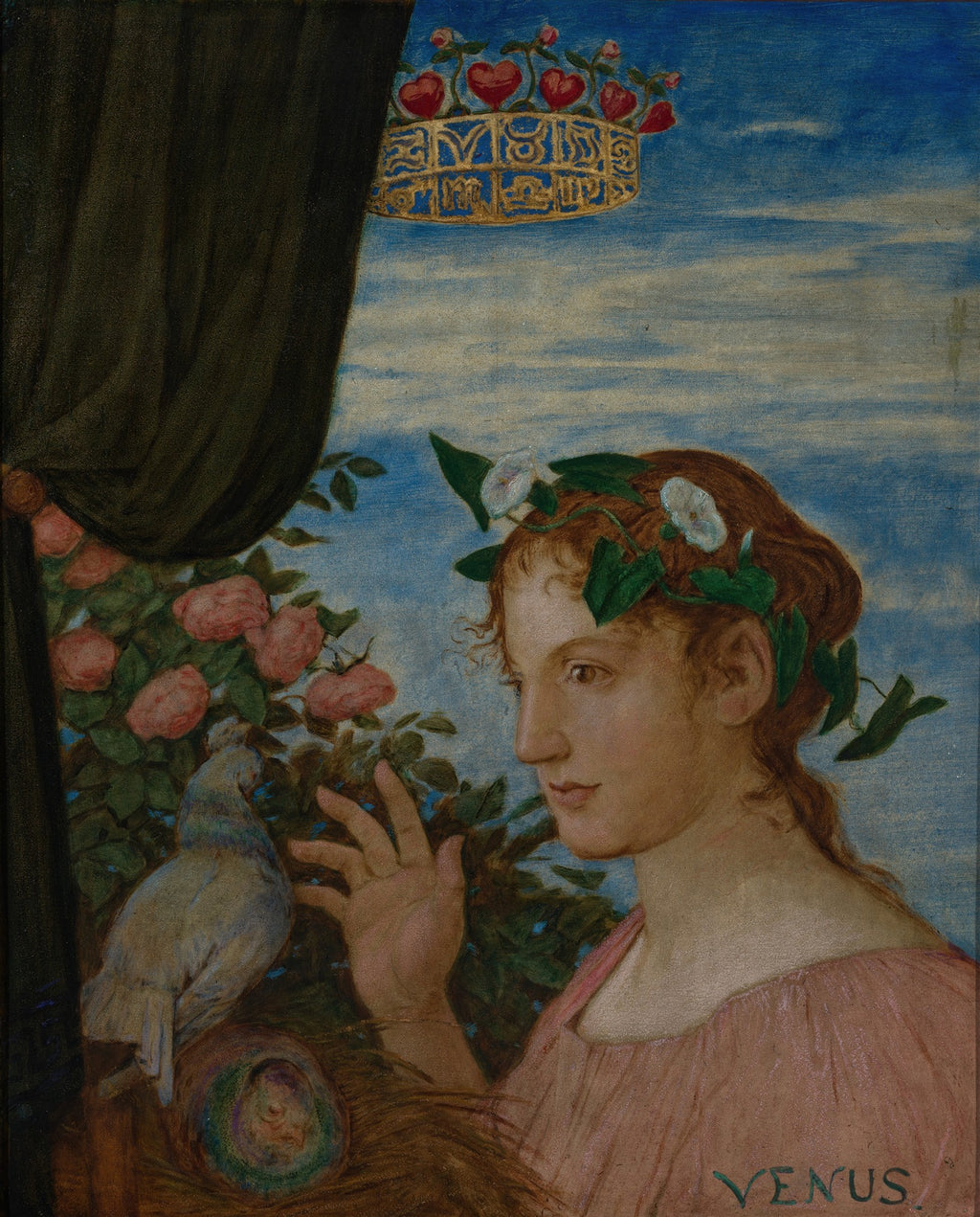 Pintura de Vênus, uma mulher com cabelo ruivo e uma coroa de folhas, interagindo com um pombo branco em um ninho, com rosas e uma coroa celestial ao fundo. A obra é atribuída a Hans Thoma.