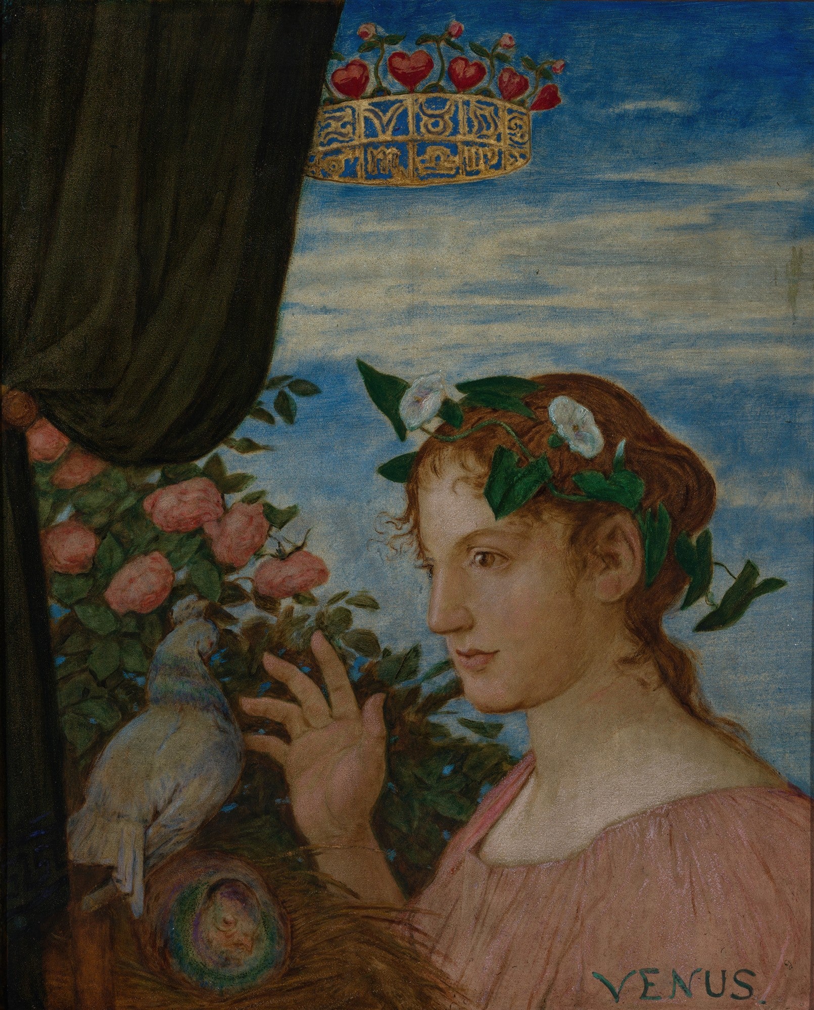 Pintura de Vênus, uma mulher com cabelo ruivo e uma coroa de folhas, interagindo com um pombo branco em um ninho, com rosas e uma coroa celestial ao fundo. A obra é atribuída a Hans Thoma.