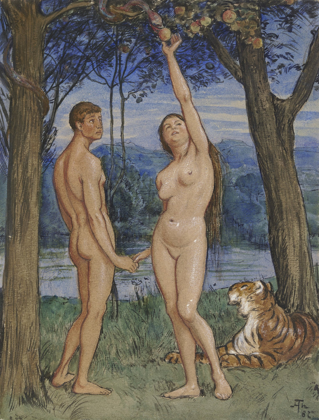 Quadro decorativo com a ilustração de Adão e Eva no Jardim do Éden, com uma serpente enrolada na árvore e um tigre na base. A mulher, Eva, alcança uma maçã da árvore. A obra é de Hans Thoma.
