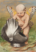 Pintura de Hans Thoma, um querubim com asas de borboleta, nu, ajoelhado, examinando um capacete de armadura medieval. Ao fundo, um campo verde e céu azul-dourado. Um arco e flechas estão no chão.