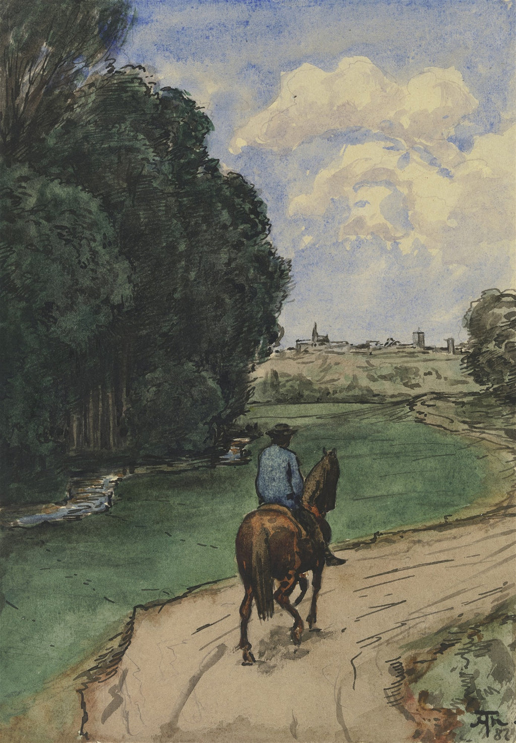 Quadro decorativo mostrando um cavaleiro a cavalo em uma estrada de terra, com uma paisagem campestre verde exuberante, árvores frondosas e um riacho, ao fundo um povoado com edifícios e torres sob um céu azul com nuvens brancas, obra de Hans Thoma.