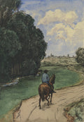 Quadro decorativo mostrando um cavaleiro a cavalo em uma estrada de terra, com uma paisagem campestre verde exuberante, árvores frondosas e um riacho, ao fundo um povoado com edifícios e torres sob um céu azul com nuvens brancas, obra de Hans Thoma.
