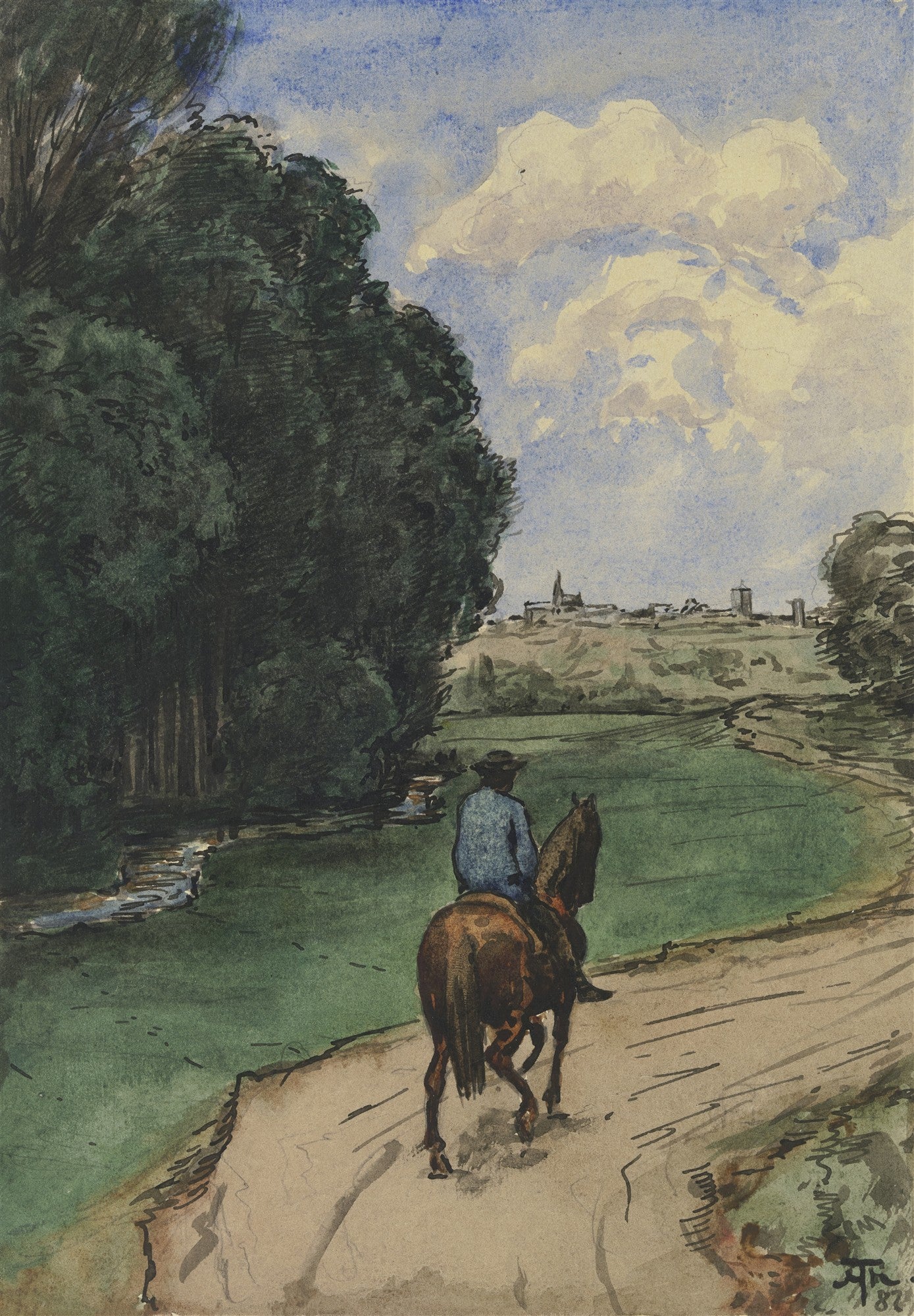 Quadro decorativo mostrando um cavaleiro a cavalo em uma estrada de terra, com uma paisagem campestre verde exuberante, árvores frondosas e um riacho, ao fundo um povoado com edifícios e torres sob um céu azul com nuvens brancas, obra de Hans Thoma.
