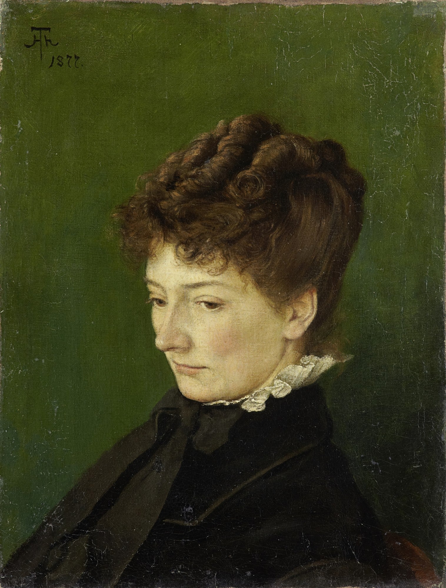 Retrato de uma mulher jovem com cabelo castanho encaracolado e gola de renda branca, vestindo preto, contra um fundo verde escuro. A mulher olha para baixo e para a esquerda com uma expressão pensativa. Assinatura 'FH 1877' no canto superior esquerdo.