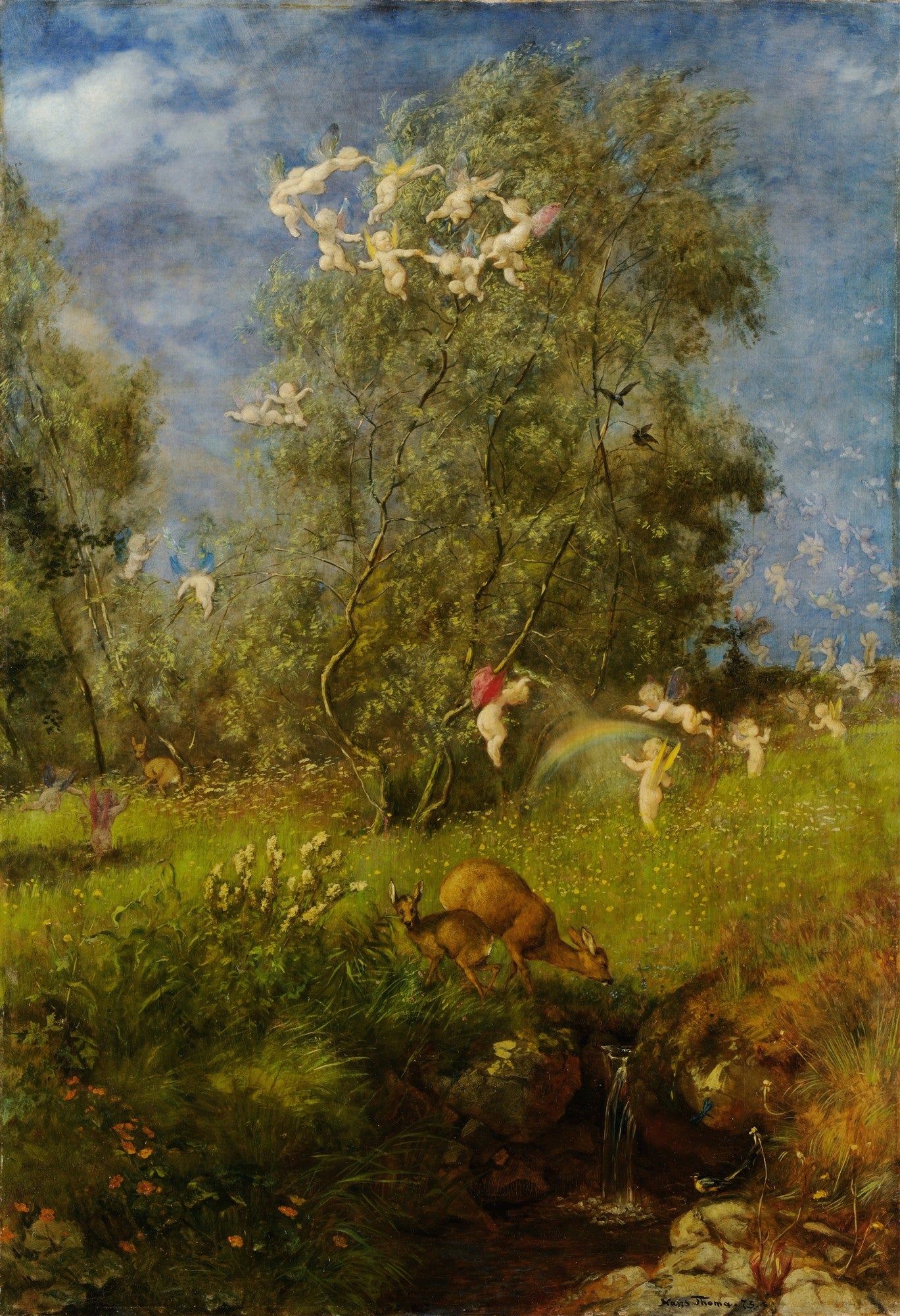 Pintura de Hans Thoma, "A Primavera", mostrando uma paisagem verdejante com árvores, riacho, veados e figuras mitológicas etéreas (ninfas e querubins) flutuando e dançando no céu e entre as folhagens, sob um céu azul claro.
