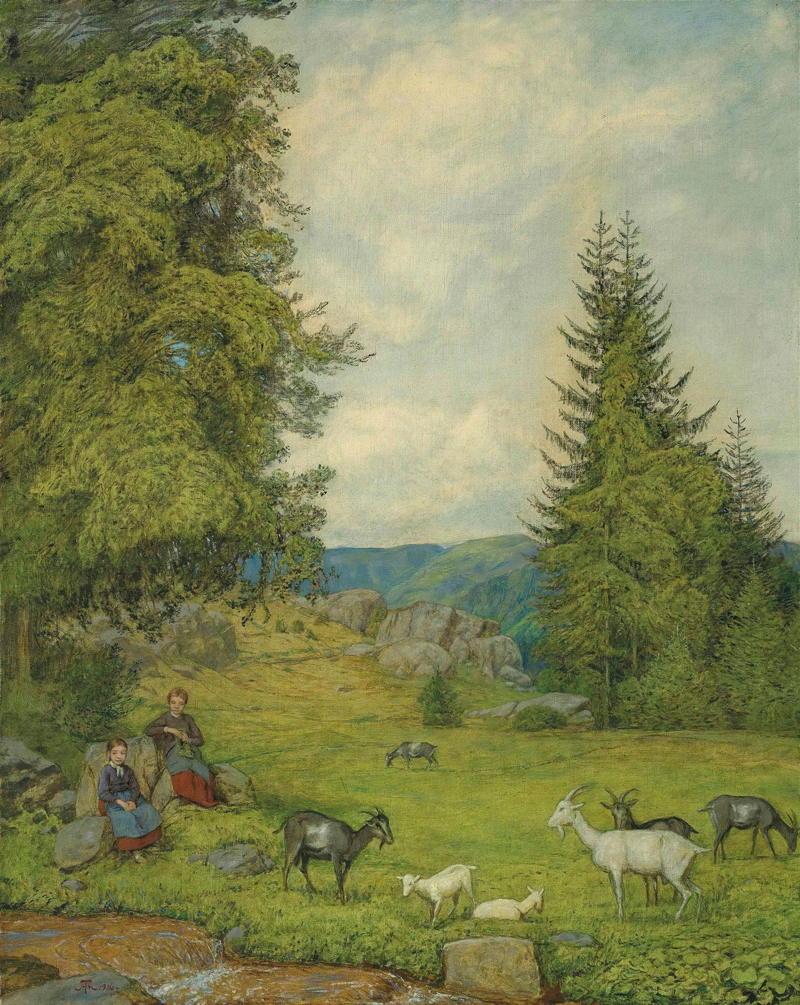 Pintura de Hans Thoma retratando uma paisagem bucólica com árvores altas, cabras pastando e duas meninas sentadas à beira de um riacho, sob um céu claro.