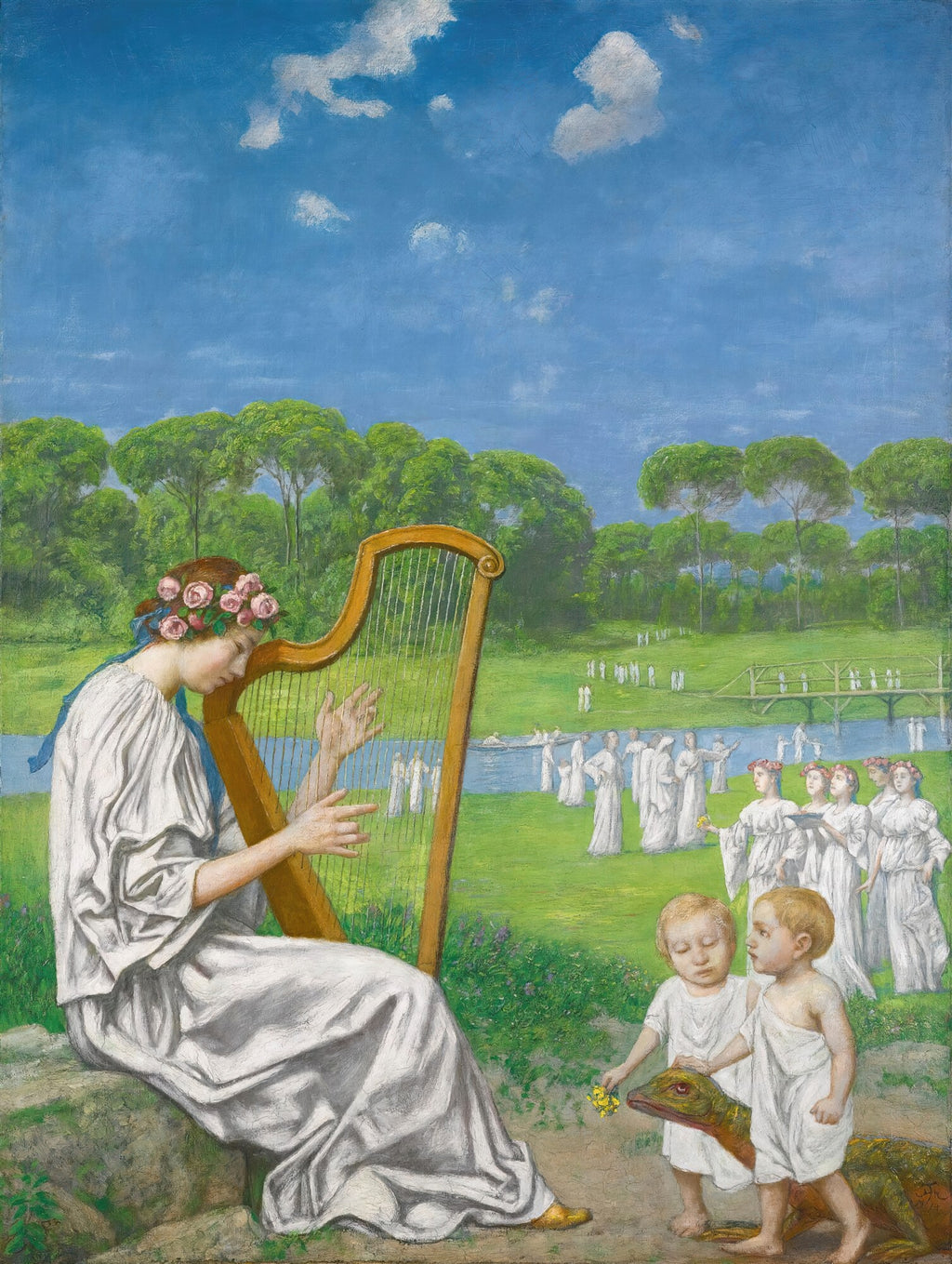 Uma mulher sentada tocando harpa em uma paisagem verde exuberante sob um céu azul, com figuras etéreas ao fundo e duas crianças com um lagarto no primeiro plano, em estilo romântico simbolista de Hans Thoma.