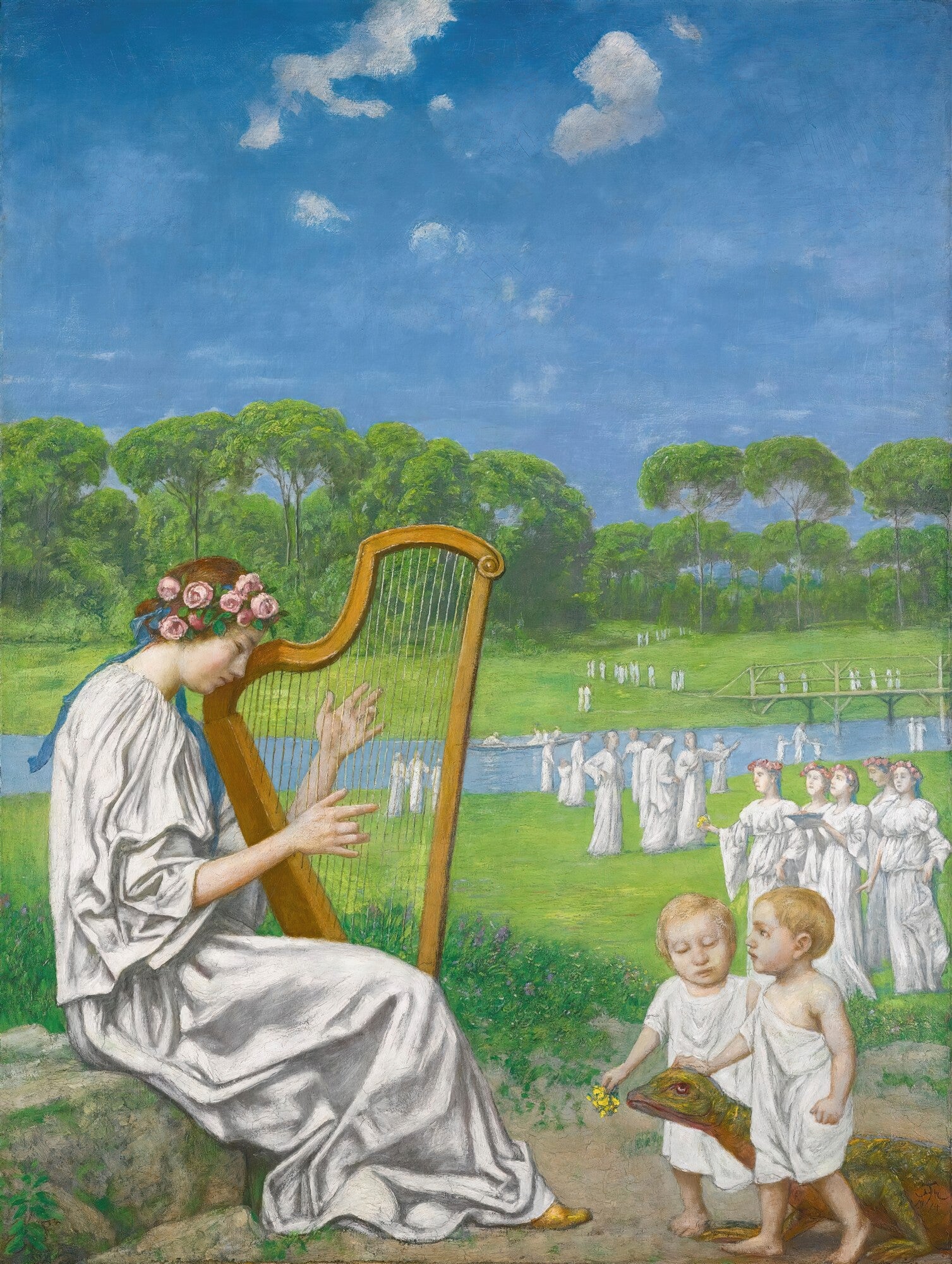 Uma mulher sentada tocando harpa em uma paisagem verde exuberante sob um céu azul, com figuras etéreas ao fundo e duas crianças com um lagarto no primeiro plano, em estilo romântico simbolista de Hans Thoma.