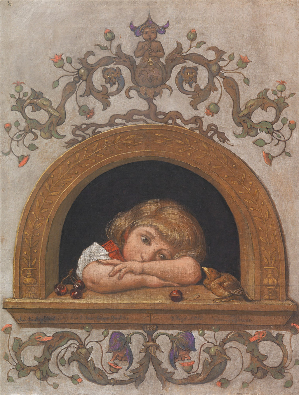 Quadro decorativo 'A Janela' de Hans Thoma, retratando uma criança pensativa debruçada em uma janela ricamente ornamentada, observando um pássaro, com detalhes florais e um ser mitológico na parte superior.