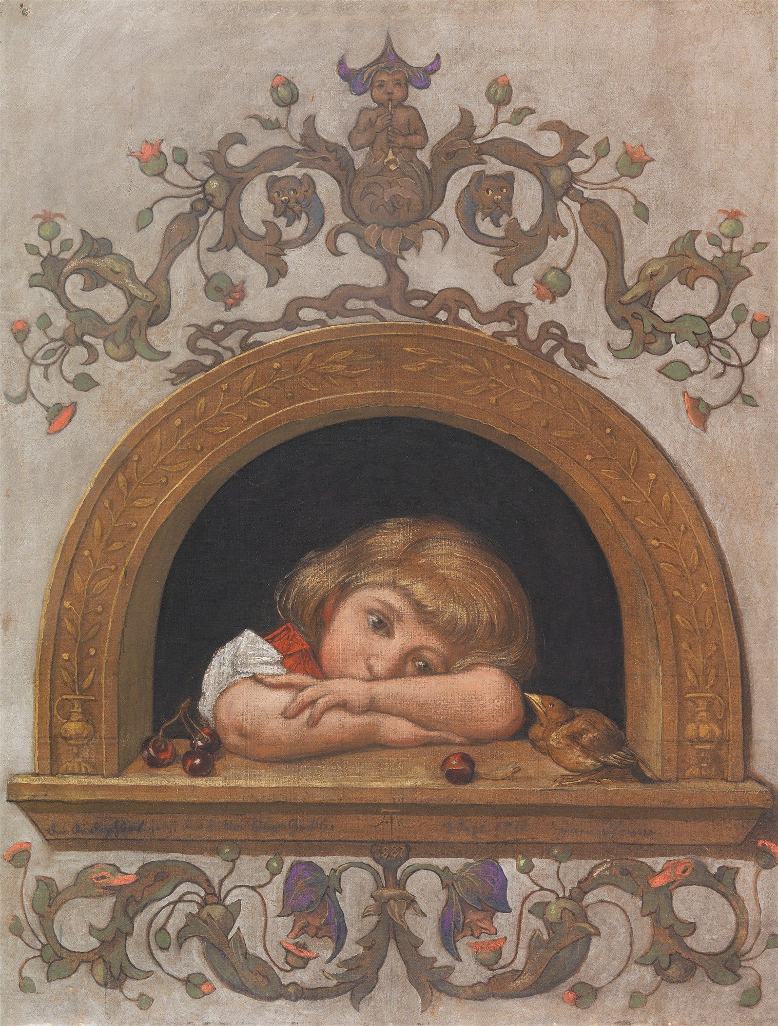 Quadro decorativo 'A Janela' de Hans Thoma, retratando uma criança pensativa debruçada em uma janela ricamente ornamentada, observando um pássaro, com detalhes florais e um ser mitológico na parte superior.