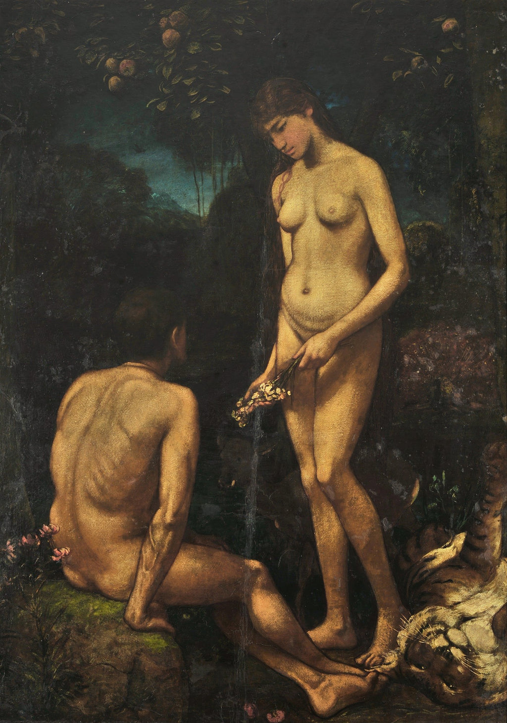 Pintura 'Adão e Eva' de Hans Thoma, retratando Adão sentado e Eva em pé, ambos nus, em uma floresta escura com um tigre adormecido ao lado de Eva e árvores frutíferas ao fundo.