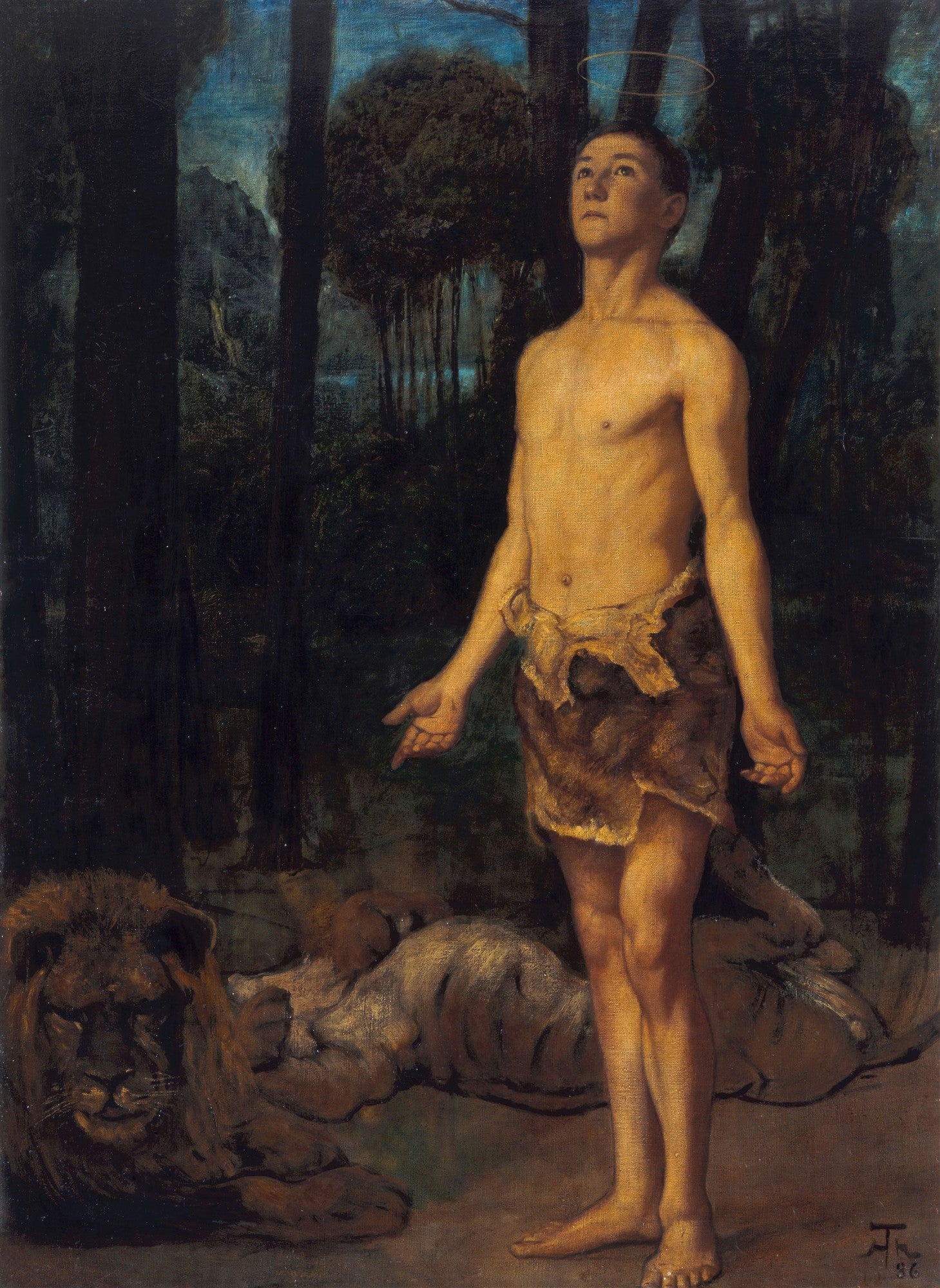 Pintura de Hans Thoma, 'São Jerônimo no Deserto', com um homem jovem, sem camisa, de tanga, com auréola, olhando para o céu, acompanhado por dois leões. O cenário é uma floresta escura e mística.