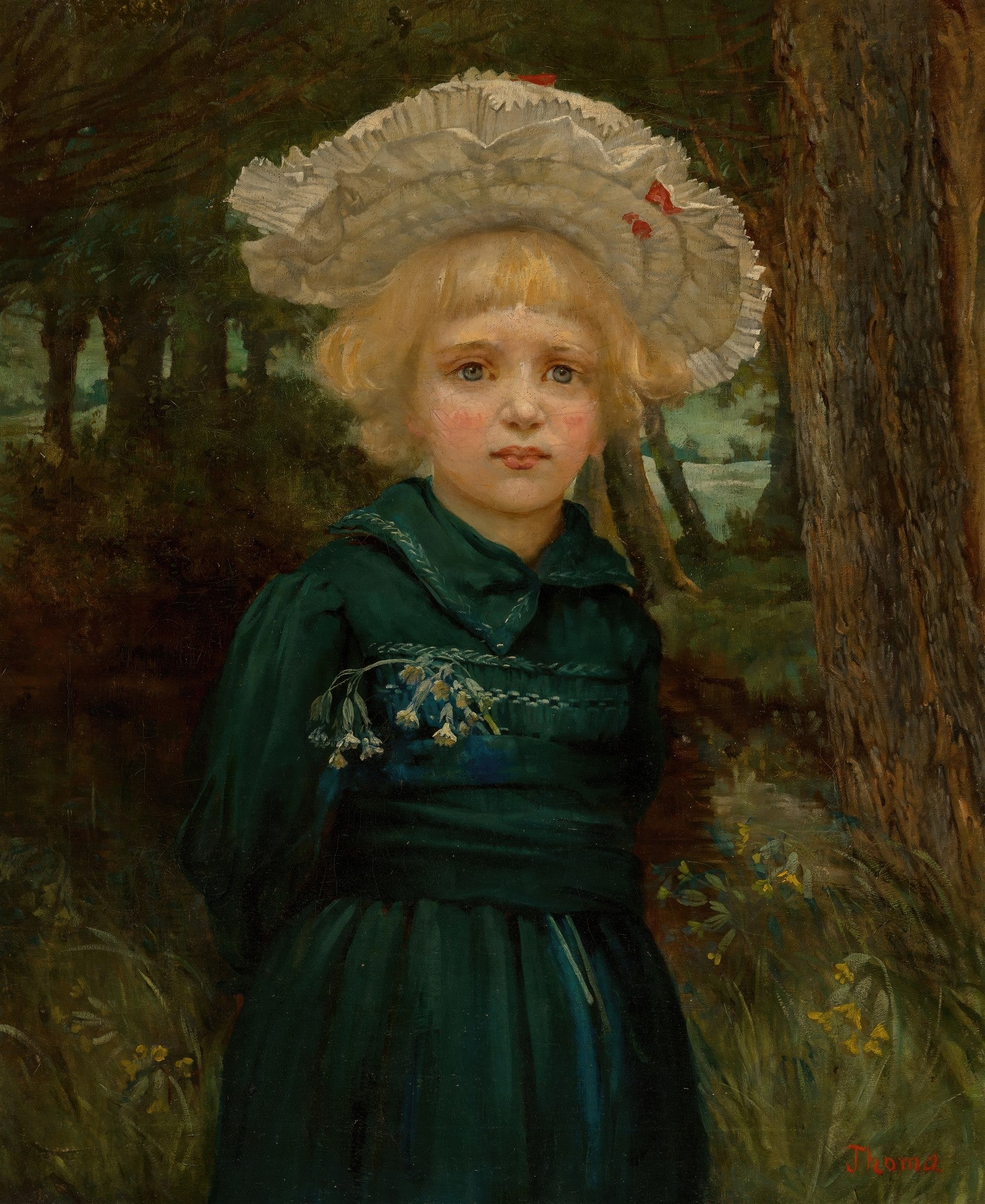 Retrato de uma jovem menina loira com chapéu branco e vestido verde em meio a uma paisagem florestal, obra de Hans Thoma.