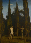 Quadro decorativo "Apolo e Mársias" de Hans Thoma, representando duas figuras masculinas nuas em uma floresta escura de ciprestes altos. Um homem toca flauta e o outro, à esquerda, segura uma lira, ambos sob um céu azul com poucas nuvens.
