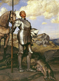 Quadro São Jorge e o Dragão de Hans Thoma, com um cavaleiro em armadura reluzente e um cavalo, olhando para o céu, com um dragão morto aos seus pés. O fundo apresenta uma paisagem rochosa com montanhas e um céu com nuvens.
