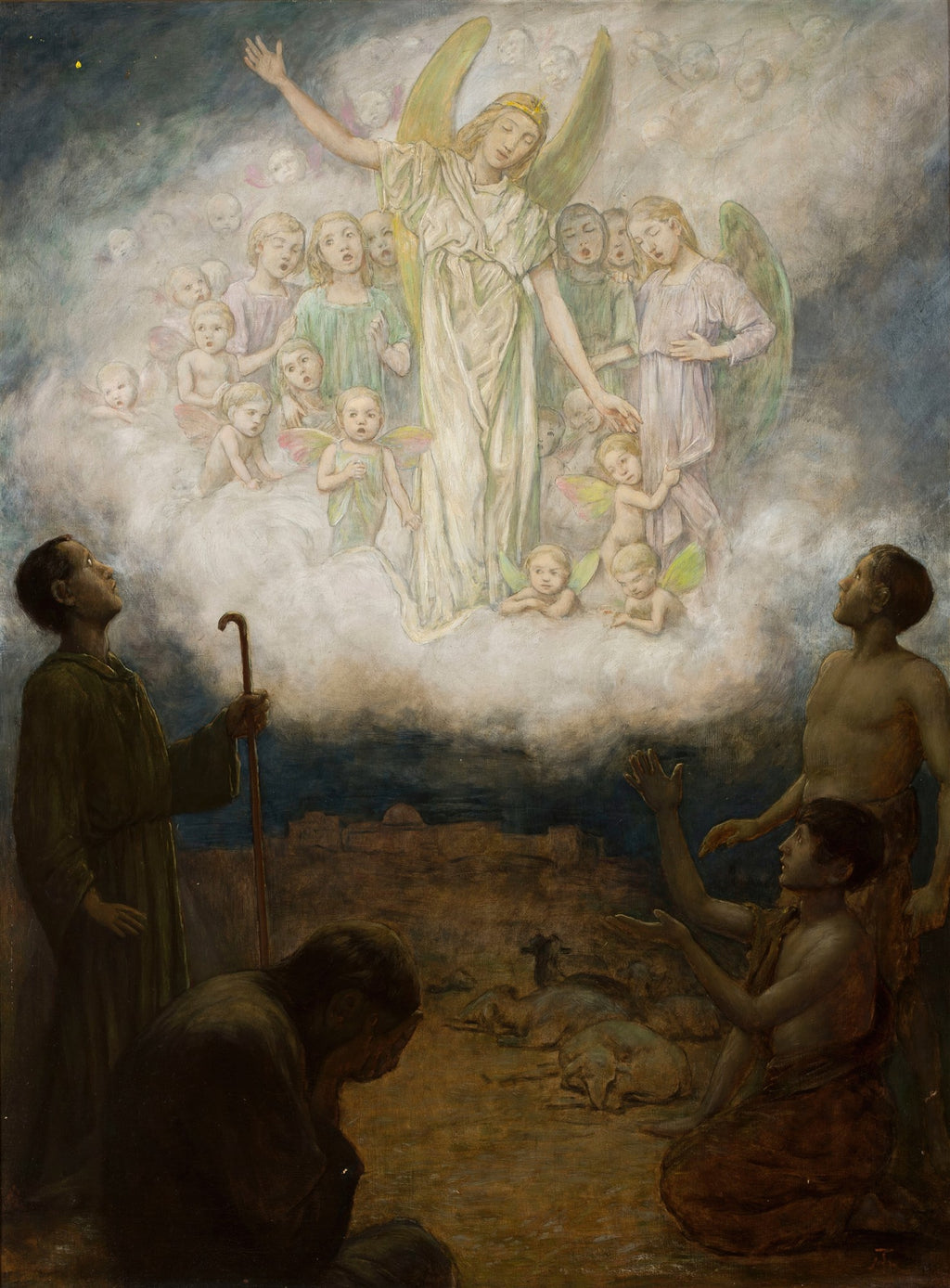 Pintura de Hans Thoma, 'A Anunciação aos Pastores', com anjos celestiais em nuvens e pastores no chão olhando para cima em admiração.
