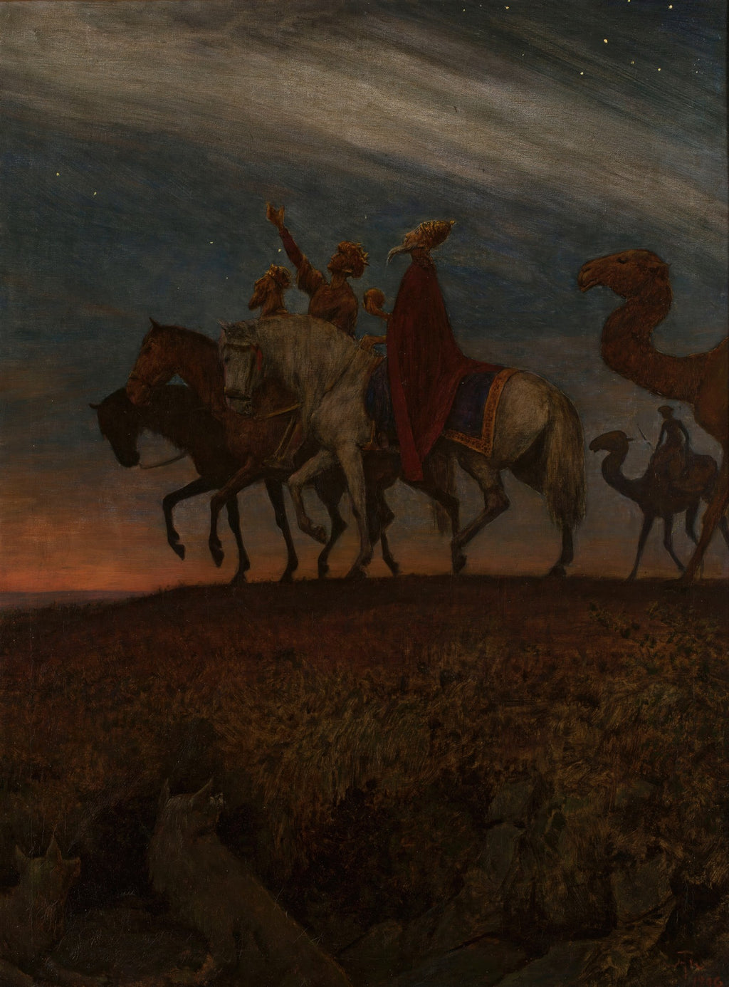 Quadro decorativo "A Viagem dos Reis Magos" de Hans Thoma, mostrando três figuras montadas em cavalos e camelos, atravessando uma paisagem escura sob um céu noturno estrelado, com o horizonte alaranjado do pôr do sol.