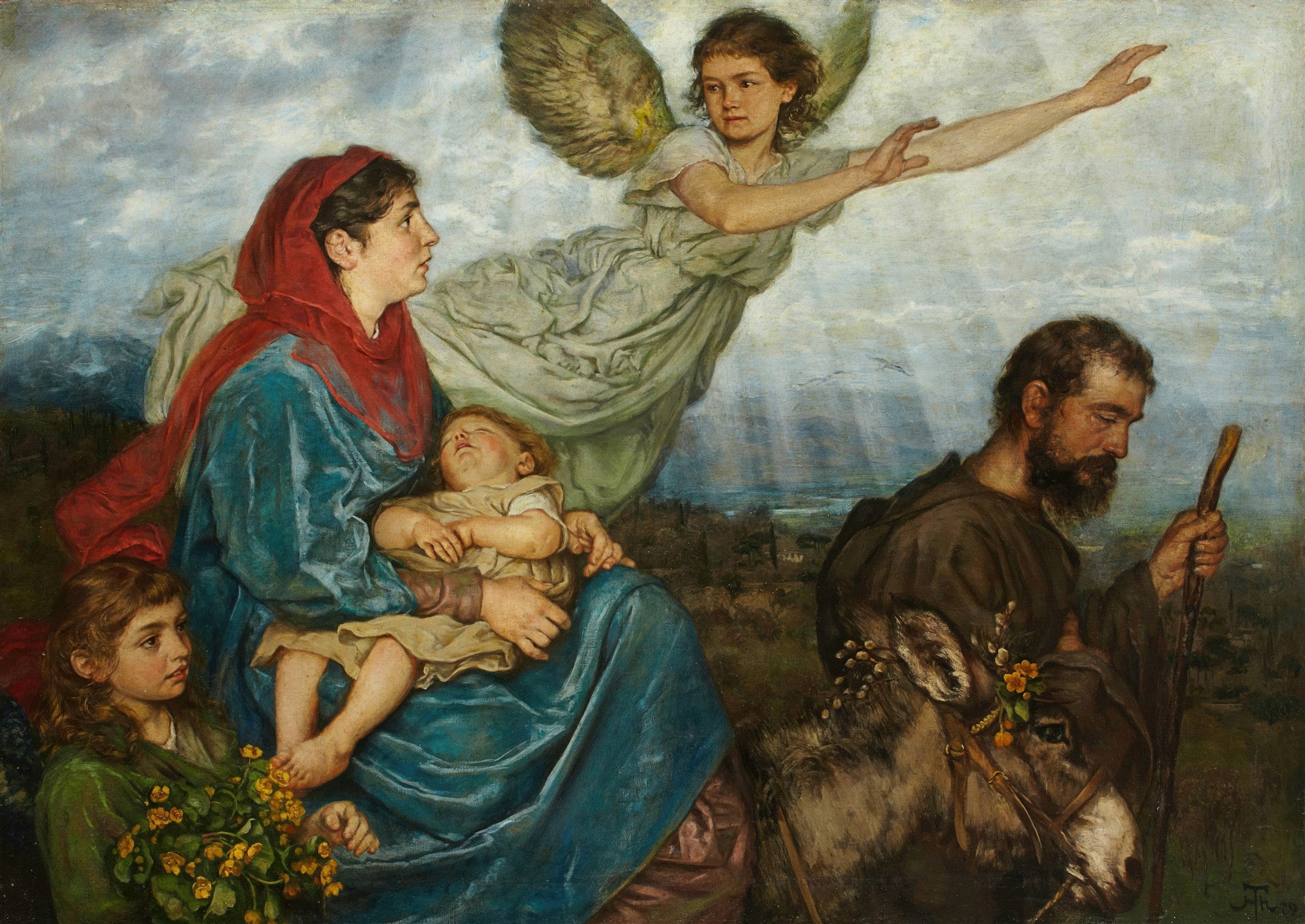 Pintura a óleo de Hans Thoma, 'A Fuga para o Egito', retratando a Virgem Maria com o Menino Jesus no colo, José ao lado com um jumento, e um anjo pairando no céu, guiando-os. A cena é envolta em uma atmosfera de luz e esperança, com paisagem montanhosa ao fundo.