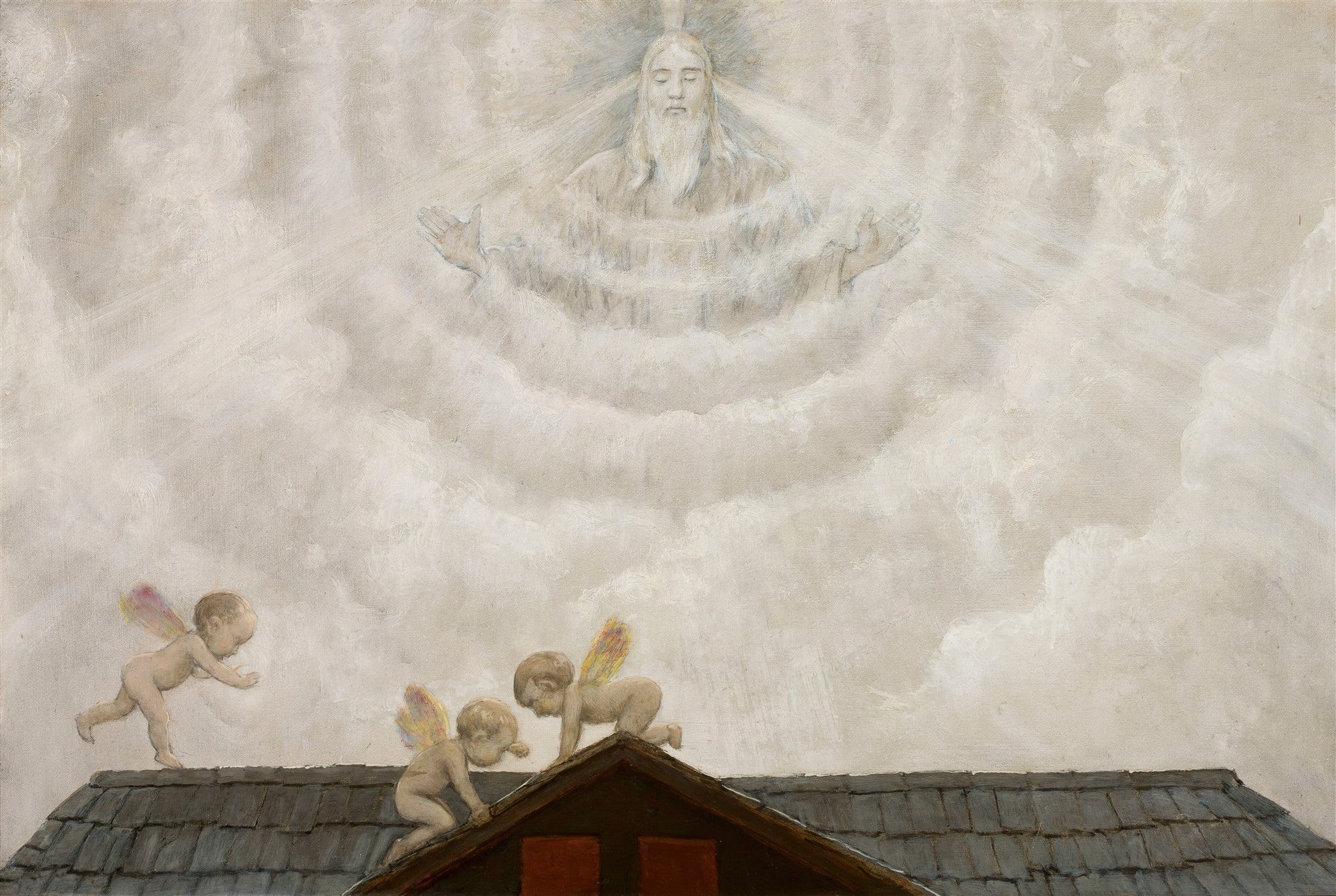 Quadro decorativo com a obra atribuída a Hans Thoma, mostrando três anjos-crianças sobre um telhado, observados por uma figura divina em meio a nuvens e raios de luz.