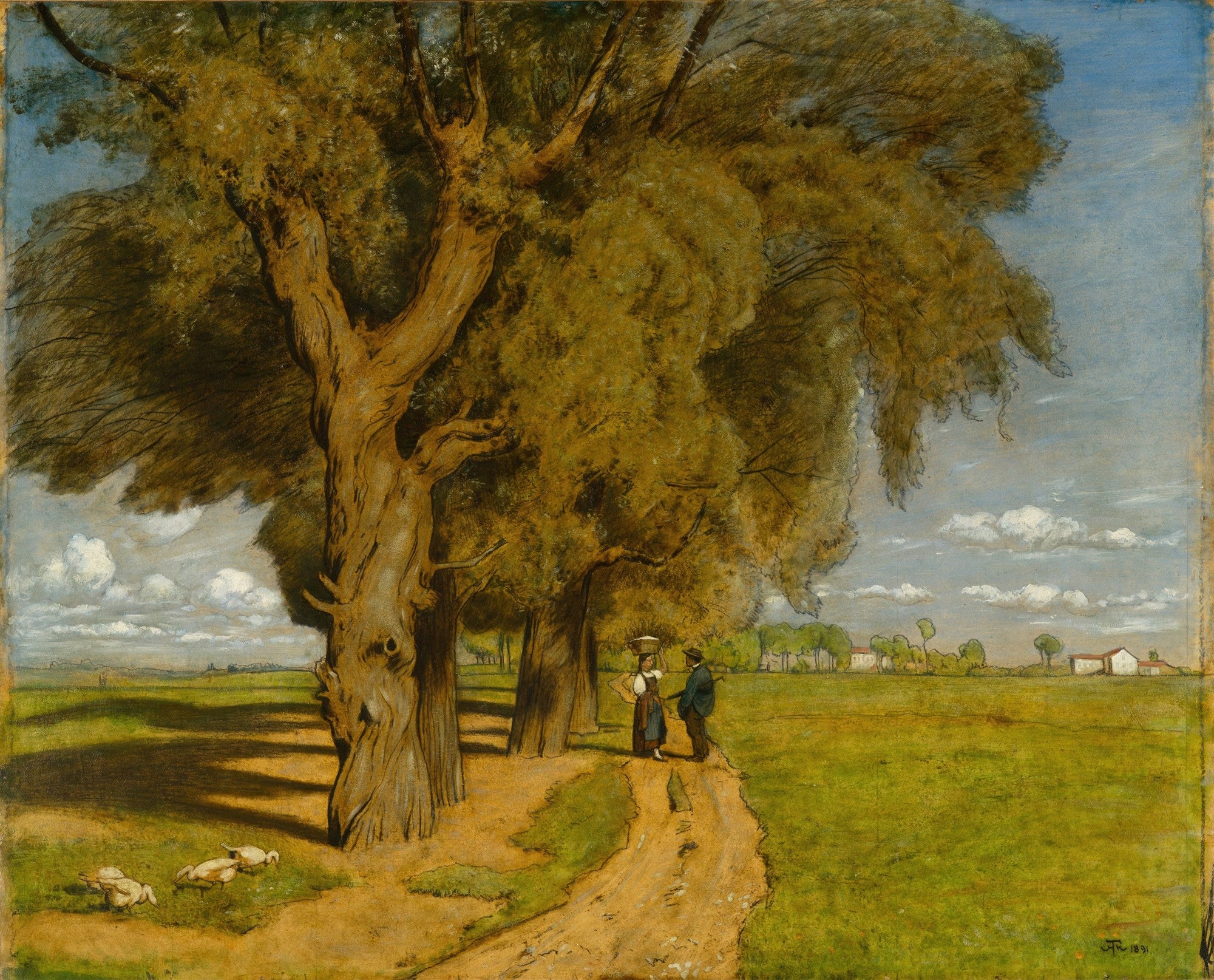 Quadro decorativo com pintura de paisagem campestre sob árvores, com duas figuras caminhando por um caminho de terra batida, atribuído a Hans Thoma.