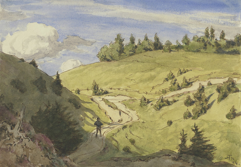 Quadro decorativo com paisagem montanhosa em aquarela de Hans Thoma. Colinas verdes com árvores, um caminho sinuoso e um caminhante solitário sob um céu azul com nuvens brancas.