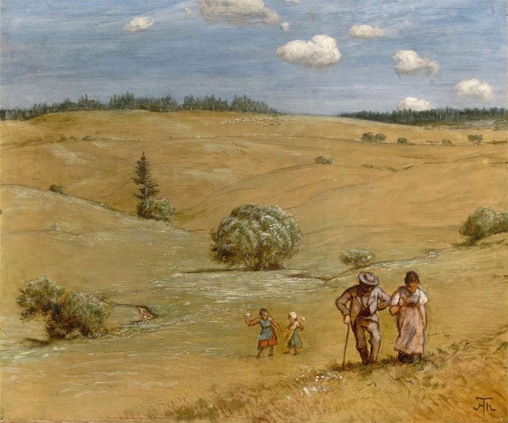 Pintura de Hans Thoma, Campo com Família, mostrando um casal e duas crianças caminhando por um campo vasto e ondulado sob um céu azul com nuvens brancas, com árvores e arbustos ao redor. Predominam tons de ocre, verde e azul.